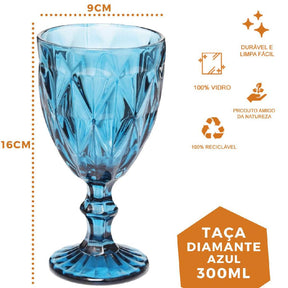 Jogo Copo Taça Vidro Diamante Azul Para Agua 300ml - 2Un