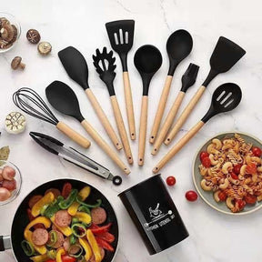 Jogo de Cozinha Kit C/12 Peças de Silicone, Utensílios e Copo Suporte para Cozinha Cabo de Madeira Ming