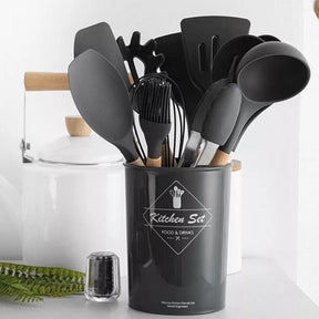 Jogo de Cozinha Kit C/12 Peças de Silicone, Utensílios e Copo Suporte para Cozinha Cabo de Madeira Ming